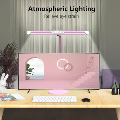 Micomlan Led Desk Lamp with Base, Adjustable Tall Architect Desk Light for Home Office with Flexible Swing Arm, 24W Pink Bright Table Lamp Auto Dimming Computer Light for Workbench - color: Pink