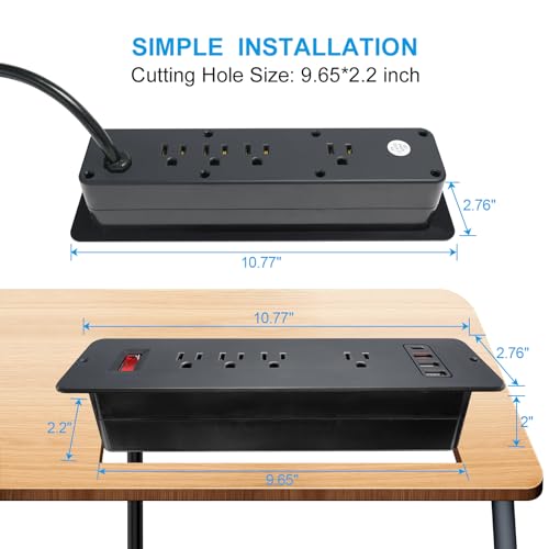 8 Outlets Dual Side USB C Recessed Power Strip Flush Mount Charging Station Built in Desk Multiple Power Socket for Furniture Cabinet Table Conference (Black) - color: Black