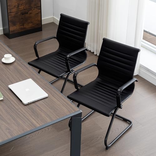 Office Guest Reception Chair Set of 2, Conference Room Chairs Waiting Room Chairs 2 Pack, Modern Leather Office Desk Chair No Wheels.（Matte Black） - color: Matte Black, size: 2 Pack