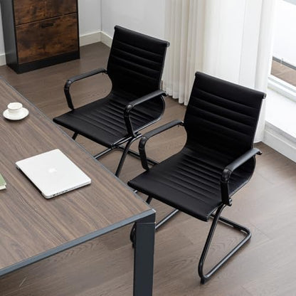 Office Guest Reception Chair Set of 2, Conference Room Chairs Waiting Room Chairs 2 Pack, Modern Leather Office Desk Chair No Wheels.（Matte Black） - color: Matte Black, size: 2 Pack