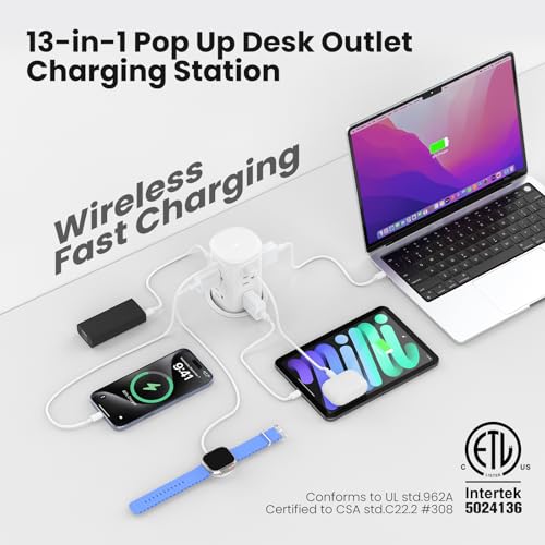 VILONG Pop Up Countertop Outlet with 15W Wireless Charger,4 USB/8 AC - color: White, size: 65W