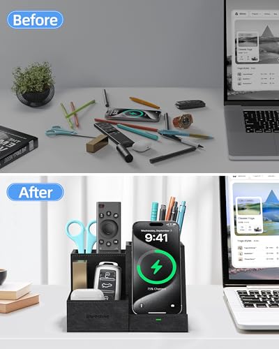 Wireless Charger with Desk Organizer, 3 Compartments and 1 Phone Stand - color: PU Black
