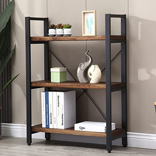 Natural Real Solid Wood Bookcase,3 Tier Metal and Wood Open Book Shelf Storage Farmhouse Wide Etagere Bookcase for Office Living Bedroom - size: 3-Tiers-Natural Real Wood