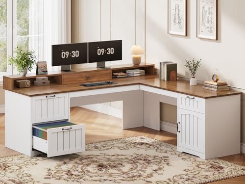 SEDETA Farmhouse 63" L Shaped Desk with Drawers and Storage Cabinet | Office Desk with File Drawers, Wood Corner Computer Desk with Storage, Home Office Desk with Monitor Stand,Walnut and White - color: Walnut and White