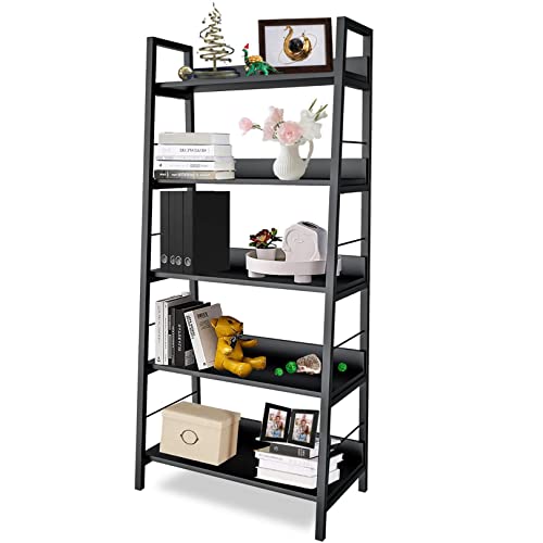 Himimi Ladder Bookshelf Black,Tall Bookcase and Book Shelf 5 Tier Shelves, Industrial Modern Wood Display Shelf Book Case with Metal Frame,Storage Rack Home Office Furniture for Living Room,Bedroom - color: Black, size: Large