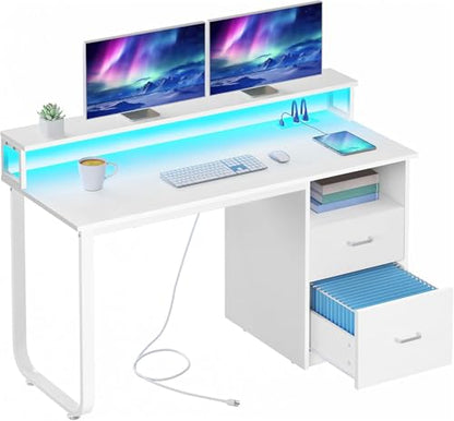 DWVO 47" Office Desk with Drawers, Monitor Stand, Power & LED, White