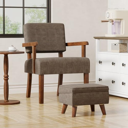 FAGAGA Accent Chairs Set of 2, 2 Solid Wood Armchairs with Side Table - color: Linen Brown, size: One Set