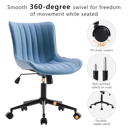 YOUNIKE Office Desk Chair with Wheels Armless Vanity Chair Modern Blue | Faux Leather Upholstered with Rocking Back, Swivel Height Adjustable Small Cute Computer Rolling Task Chair Ergonomic 300lb - color: Blue, size: Base Black