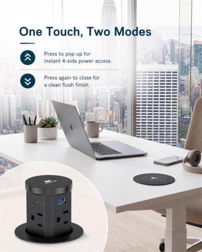 2.4" Pop Up Countertop Outlet, 30W USB-C & Wireless Charger | Fits 2.4 in (60mm) grommet holes, 4 AC outlets, 2 USB-C 30W, 2 USB-A 18W, 15W wireless charging and 1.5m cord, Black - color: Black