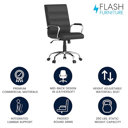 Flash Furniture Mid-Back Black LeatherSoft Executive Swivel Office Chair with Chrome Base and Arms - color: Black Leathersoft/Chrome Frame