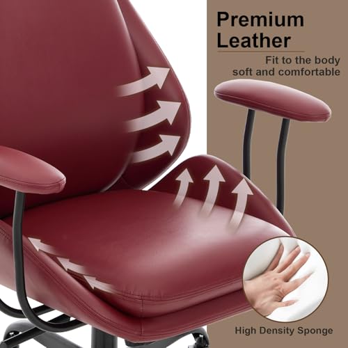 Leather Executive Office Chair, Computer Desk Chair, Red | Ergonomic, Rubber Wheels, Lumbar Support, 360° Swivel, High Back, Adjustable Height, for Modern Home Office - color: Crimson Red