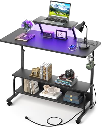 Height Adjustable Standing Desk with Power Outlets and LED Lights - 39" Manual Stand Up Desk with Monitor Stand and Storage Shelves Small Mobile Rolling Computer Desk Portable Laptop Table, Black - color: Black, size: 39''