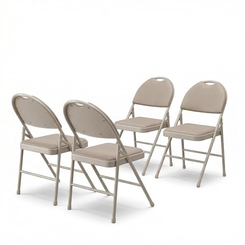 GarveeHome 4 Pack Folding Chairs with PU Leather Padded Cushion and Back, Metal Foldable Chair for Indoor Outdoor, Commercial Stackable Guest Chairs for Camping, Dining Room, Office, Party, Beige
