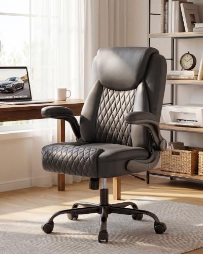COMHOMA Mid-Back Office Chair, Ergonomic PU Desk Chair with Flip up Arms, Small Computer Gaming with Comfy Lumbar Support,Rocking Function,Sturdy Metal Base, Grey - color: Grey