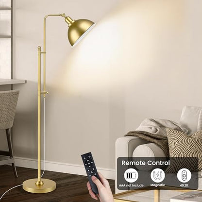 PARTPHONER Industrial Floor Lamp Adjustable, Rustic Farmhouse Reading Lamp in Aged Gold Finish, Modern Standing Lamp with Remote Control Metal Shade for Living Room Bedroom Study Room Office Hotel - color: Gold