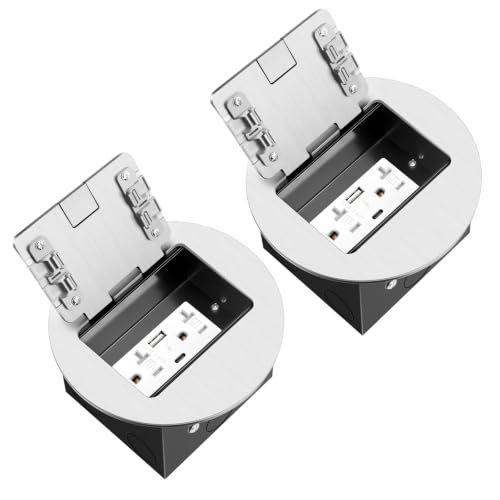 2 Pack Recessed Floor Outlet 1-Gang with 4.8A USB A+Type C Port | 20 Amp TR Receptacles Round Hidden Outlet Kit Electrical Waterproof Cover Box for Home Renovation,ETL Listed,Silver - color: Silver, size: USB A+C Outlet-2 Pack