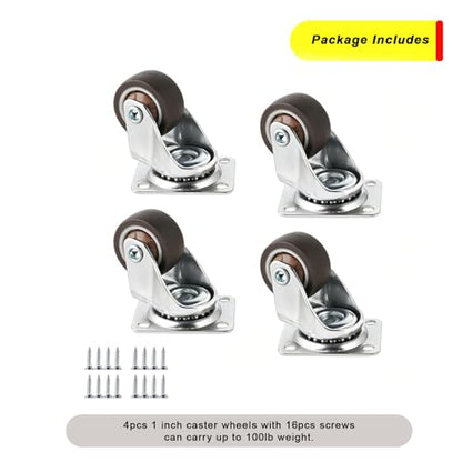 Small Caster Wheels 1 Inch Swivel Plate Castors 4pcs 360 Degree Rollable Low Profile Soft Rubber Wheel Replacement with Screw in Smooth and Quiet for Rolling Light Furniture Weight Under 100Lb