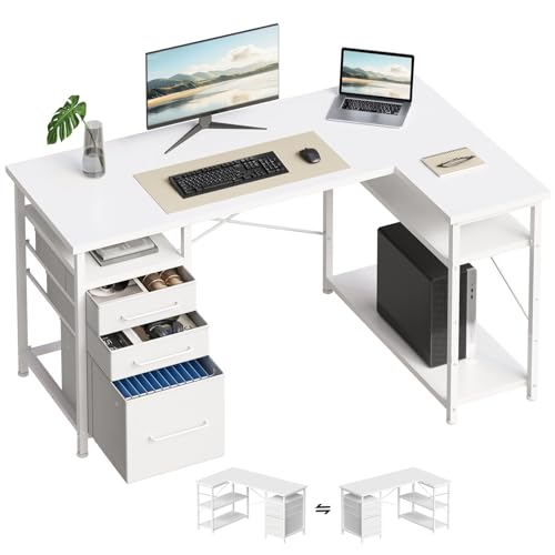 Maihail L Shaped Desk with Drawers, Office Desk Storage for Small Space, White - color: White, size: 47Inches