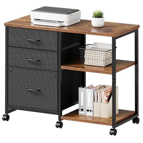Maihail 3 Drawer File Cabinet with Wheels Rolling Printer Stand with Open Storage Shelf Fabric Lateral Filing Cabinet for Home Office,Rustic Brown - color: Brown