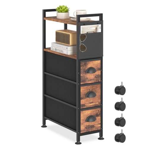 Oppro Small Narrow Side Tables, 3 Drawers Skinny Bedside Table Nightstand - color: Rustic, size: 3 Drawers