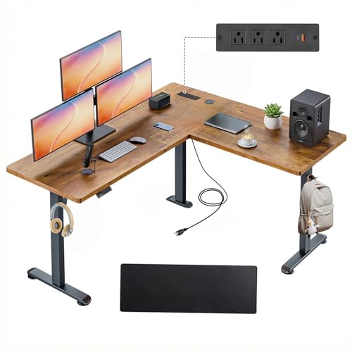 63x5in L Shaped Standing Desk with Outlets & Mouse Pad, Brown - color: Rustic Brown