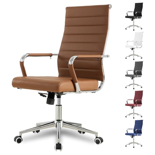 Okeysen Office Desk Chair, Ergonomic Leather Modern Conference Room Chairs, Executive Ribbed Height Adjustable Swivel Rolling Chair for Home Office. (Brown) - color: Brown