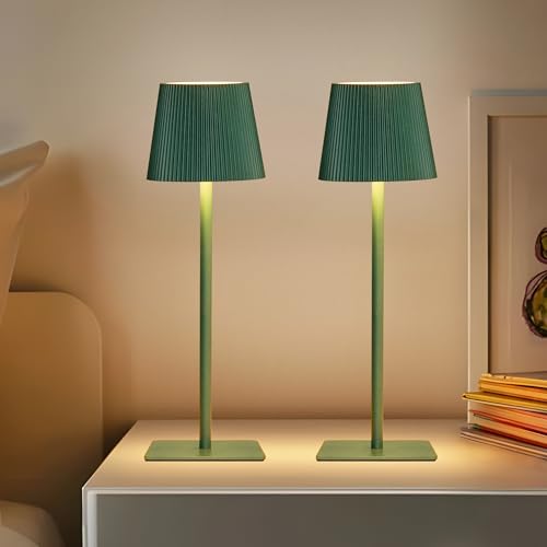 LUTEC 2 Pack Cordless Table Lamp,6000mAh Rechargeable Battery Operated Desk Lamp,Two Adjustable Heights,Waterproof, Touch Control & 3 Color Stepless Dimming for Restaurant/Bedroom/Bars/Outdoor (Green) - color: Green