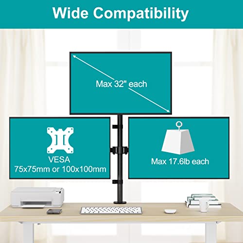 MOUNT PRO Triple Monitor Mount, Monitor Desk Mount for 3 Screens up to 32 inch, 17.6 lbs Each, Fully Adjustable Stacked Computer Stand, Table VESA Mounting, C clamp/Grommet Base - style: Max 32“ Basic（stacked）