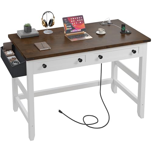 EnHomee 32" Small Desk with Drawers & Power Outlets for Teens Bedroom | Functional Drawers & Built-In Power Outlets; Organize Supplies and Charge Devices for Teen Small Study Room, Brown+White - color: Brown+white, size: 32inch with Drawers