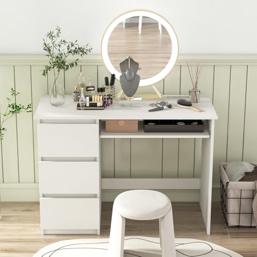 Tangkula White Desk with 3 Storage Drawers & Built-in Charging Station, Home Office Desk with Keyboard Tray, PC Desk Study Writing Table, Vanity Table for Bedroom, Computer Workstation (White) - color: White