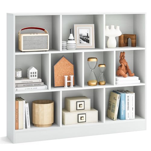 Tangkula 10-Cube Bookshelf, 47.5”L Floor Bookcase with 2 Anti-Tipping Kits, Freestanding Storage Organizer, 4-Tier Display Shelf for Home, Office & Dorms (White, 10-Cube) - color: White, size: 10-Cube