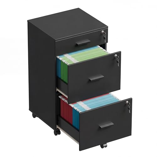 DEVAISE 3 Drawer File Cabinet with Lock & Wheels, Wood Printer Stand, Black - color: Black