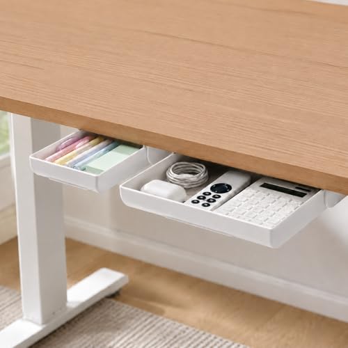 YOOUSOO 2 Pack Under Desk Storage Drawer Organizer Self Adhesive | Hidden Slide Out Drawer Attachment, with Self - Adhesive Feature for Desktop and Table Organization, Hidden Under Desk - color: White:1small+1large