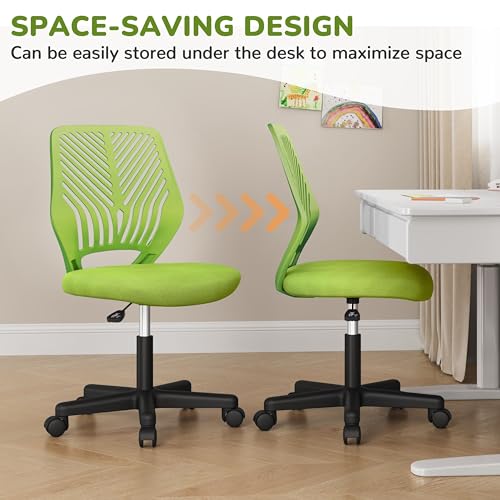 Yaheetech Small Desk Chair, Armless Adjustable Swivel Seat, Green | Padded mesh seat and ventilated resin back, compact armless frame rolls and adjusts for study and small desks, holds 300 lb. - color: Green