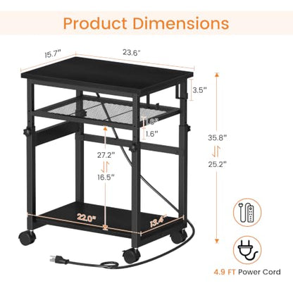 Snughome 3-Tier Extra-Large Computer Tower Stand with Charging Station, 25.2''-35.8'' Height-Adjustable PC Tower Stand, Rolling CPU Cart with Lockable Wheels for Office Home Gaming - size: 23.62" L x 15.75" W x 35.8"