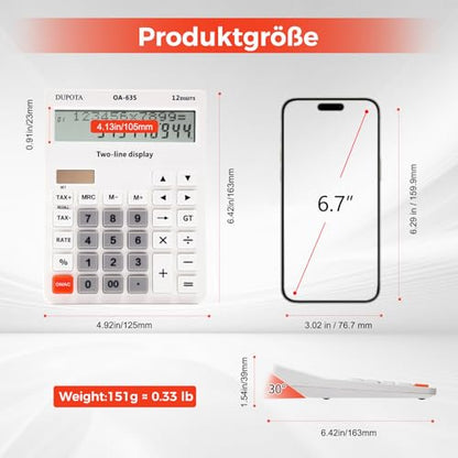 Desk Calculator 2 Line Large Display Big Buttons Vat Calculators | Dual Solar Power and Battery, Calculator with Tax and Check Function for Office, Home, School and Business（OA-635） - size: OA-635