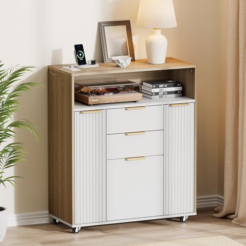 ModernMate Fluted Mobile File Cabinet with Charging Station | 37" Rolling Storage Cabinet with 3 Drawers, Printer Stand with Wheels for Home Office, Light Walnut - color: Light Walnut