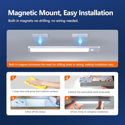Rechargeable Under Cabinet Lighting, Motion Sensor Wireless LED Cabinet Light with 2500mAh Battery & USB-C Fast Charging, Magnetic Closet Light for Kitchen, Pantry, Stairs, Hallway, 2 Pack