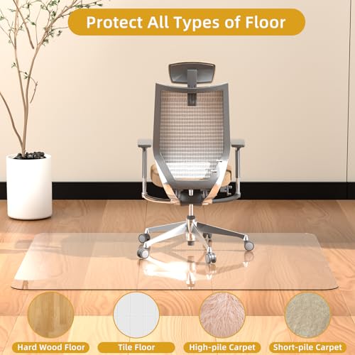 [Tempered Glass] Glass Office Chair Mat for Carpet Heavy 57" x 42"-1/5" Thick Premium Tempered Glass Duty Hard Glass Chair Mats -for Office Chair on Carpet or Hard Floor with 4 Anti-Slip Pads - size: 57" x 42"