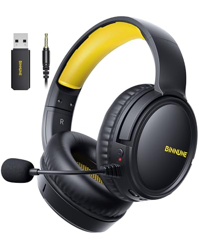 BINNUNE Wireless Gaming Headset — 2.4GHz Low-Latency USB Dongle + Bluetooth, 50mm Drivers 7.1 Surround, Noise-Cancelling Mic, 40H Battery — Over Ear Wireless Headphones for PS5, PC, Laptop, Yellow - color: Yellow