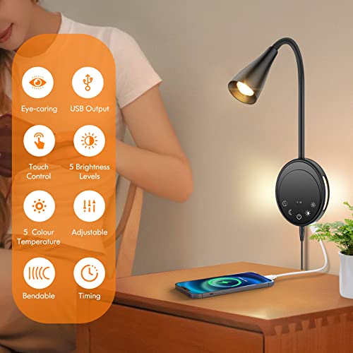 SANKEDOU LED Wall Mount Reading Light, Bedside Reading Lights with Touch Control, 5 Dimmable, USB Output, Night Light & Timers, Flexible Gooseneck Headboard Bed Lights Wall Sconce - color: Black-2P