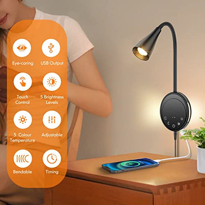 SANKEDOU LED Wall Mount Reading Light, Bedside Reading Lights with Touch Control, 5 Dimmable, USB Output, Night Light & Timers, Flexible Gooseneck Headboard Bed Lights Wall Sconce - color: Black-2P