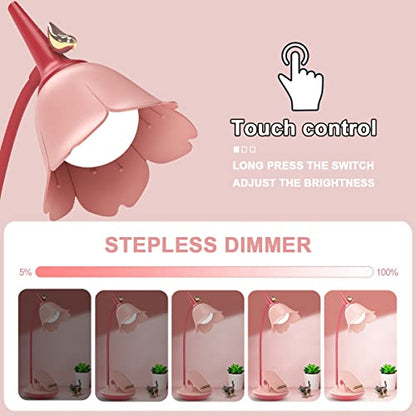 Pink Desk Lamp with Clamp, Rechargeable LED Small Lamp, Adjustable Gooseneck, Dimmable Cute for Kids Girls Bedroom Dorm Office