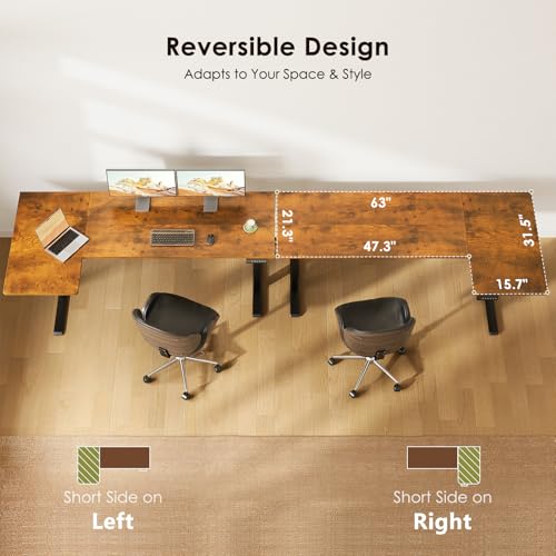 OffiGo 63 Inch Reversible L Shaped Electric Standing Desk, Rustic Brown - color: Rustic Brown, size: 63 Inch