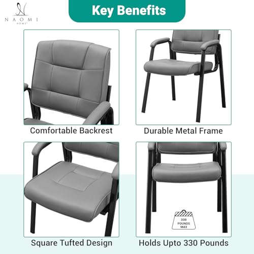 Naomi Home Faux Leather Guest Reception Chair with Armrests - Gray | Designed For Waiting Rooms, Conference Spaces And Offices With Stackable Construction, Padded Comfort And Durable Steel Legs - color: Gray, Faux Leather, style: Set of 2