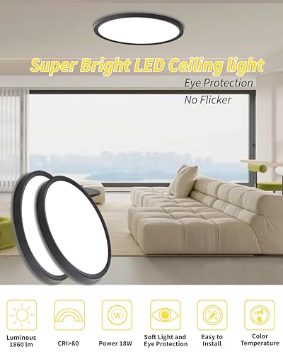 4pack 9 Inch Flush Mount Ceiling Light, 18w Led Ceiling Light, 3000k/4000k/6000k Selectable 1860lm Ceiling Light, Super Slim Led Light Fixture For Bedroom Kitchen Living Dining Room Office - color: Black, size: 9 INCH 4PK 3CCT