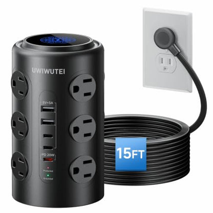 15FT Tower Power Strip with Dedicated 20W PD USB-C Port - color: Black, size: 15FT