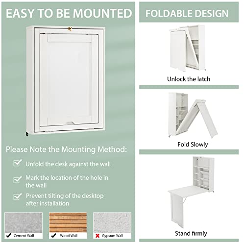 Wall Mounted Desk, Wood Collapsible Floating Desk, Convertible Computer Desk with Storage Area, Hanging Fold Out Table for Home Office, Small Spaces (White) - color: White