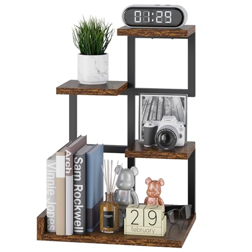 YMYNY 4 Tier Desktop Shelf Organizer 12.2x9.45x17.52 Rustic Brown HSR007H | Storage Display Rack, Desk Shelf Organizer Small Bookshelf with Metal Frame for Office, Books, Plants - color: Rustic Brown