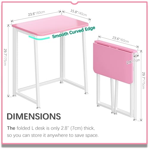 4NM 23.6" Mobile Small Folding Desk, Foldable Rolling Computer Home Office Desk, Study Writing Table for Small Space Saving Bedroom, with Wheels - Pink and White - color: Pink and White, size: 23.6"W x 15.7"D